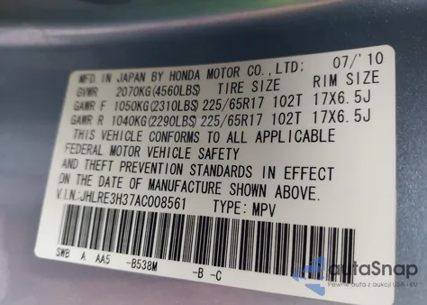 2010 Honda Cr-V Lx from USA, damaged, VIN JHLRE3H37AC008561
